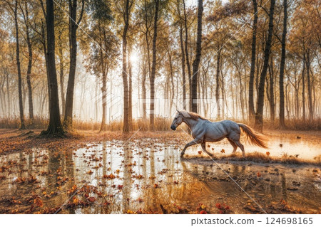 Majestic White Horse in Enchanted Autumn Forest Majestic White Horse in Enchanted Autumn Forest 124698165