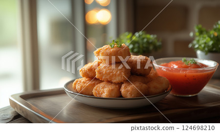 Portion of chicken nuggets on table 124698210