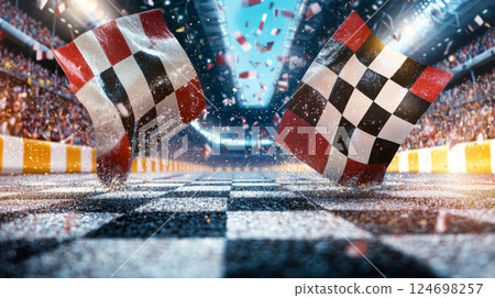 Raceday excitement with checkered flags waving in a vibrant stadium during a thrilling motorsport event 124698257