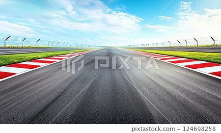 Straight and clear race track stretches toward a bright horizon under a blue sky 124698258