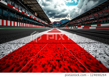 Race track perspective showcasing detailed red and white lines under a cloudy sky 124698264