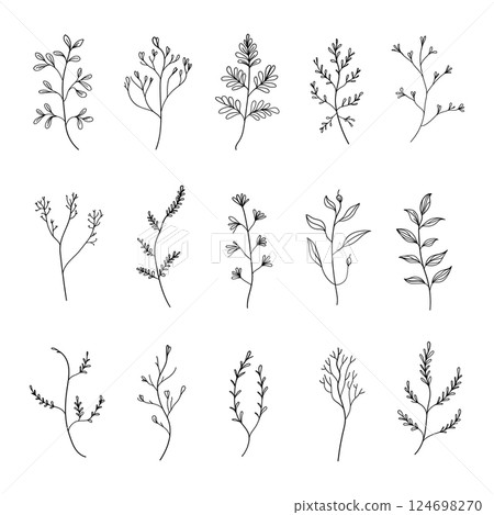 A collection of simple botanical illustrations with minimalistic leaves and floral elements. Ideal for modern logos, branding, packaging, and invitations. A collection of simple botanical illustrations with minimalistic leaves and floral elements. Ideal for modern logos, branding, packaging, and invitations. 124698270