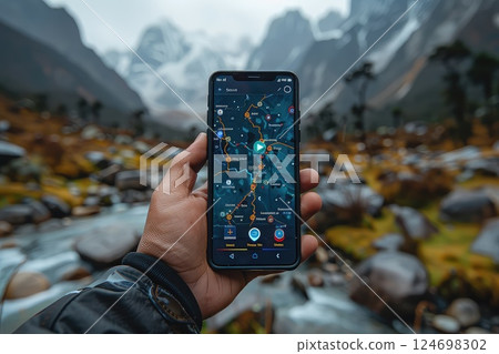 Close-up view of a hiker using smartphone's GPS app in mountain travel. In the heart of nature, the hiker finds solace in their smartphone's GPS app, a reliable companion on their mountain journey. 124698302