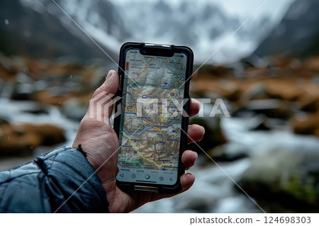 A hiker using smartphone's GPS app in mountain travel. The hiker embraces the digital era, effortlessly navigating the treacherous mountain terrain with the help of their smartphone's GPS app. 124698303