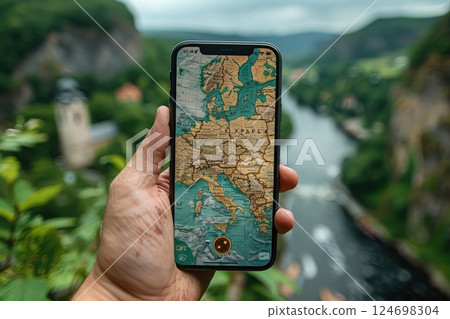 Close-up view of a hiker using smartphone's GPS app in mountain travel. In the midst of nature's grandeur, the hiker is guided by the GPS app. 124698304