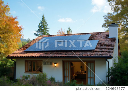 A house with a solar panel on the roof 124698377