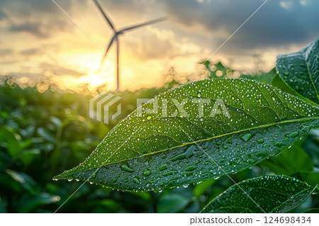 Leaf with water drops and wind turbine in background 124698434