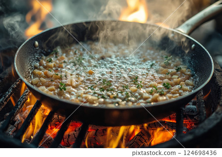 Outdoor cooking with vegetables roasting in pan on flames 124698436