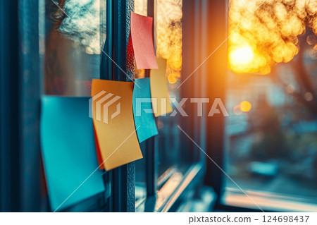 Sticky notes in blue, orange and red attached to window glass 124698437