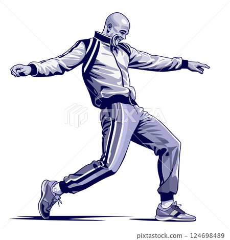 Gabber dancing hakkuh dance. Gabba style. Men with shaved head in sweatpants and sneakers. Youth subculture comes from the 80-90s. Vector isolated illustration Gabber dancing hakkuh dance. Gabba style. Men with shaved head in sweatpants and sneakers. Youth subculture comes from the 80-90s. Vector isolated illustration 124698489