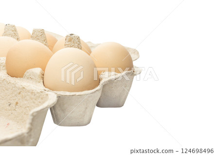 Light brown organic raw chicken eggs in package isolated on white background. 124698496