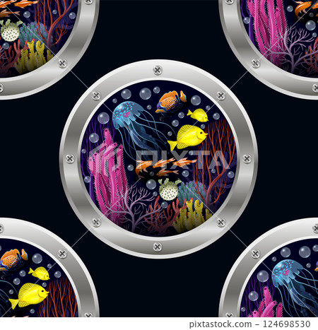 Seamless pattern with bathyscaphe window and sea inhabitans 124698530