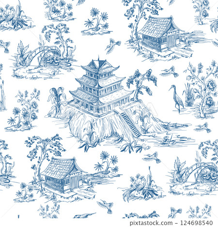 Seamless pattern in chinoiserie style for fabric or interior design. Seamless pattern in chinoiserie style for fabric or interior design. 124698540