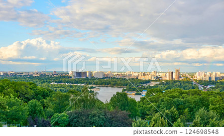 Residential area of city with a river and bridges. Kyiv, Dnieper River Residential area of city with a river and bridges. Kyiv, Dnieper River 124698548