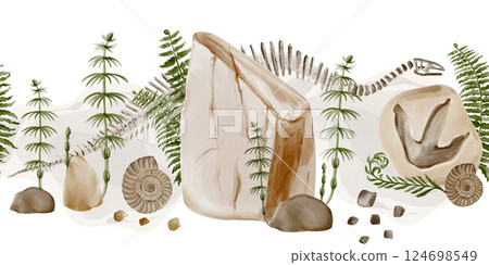 Seamless border with fossils and dinosaur skeletons. Fern and horsetail grow near the stones, Ammonite shell. Small stones are scattered. Light background. Watercolor illustration. Hand drawing. Seamless border with fossils and dinosaur skeletons. Fern and horsetail grow near the stones, Ammonite shell. Small stones are scattered. Light background. Watercolor illustration. Hand drawing. 124698549