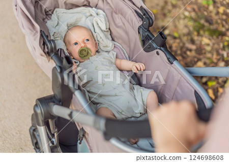 Mother walking with her baby in a stroller in the park. Peaceful outdoor bonding time. Parenthood, baby care, and family lifestyle concept 124698608