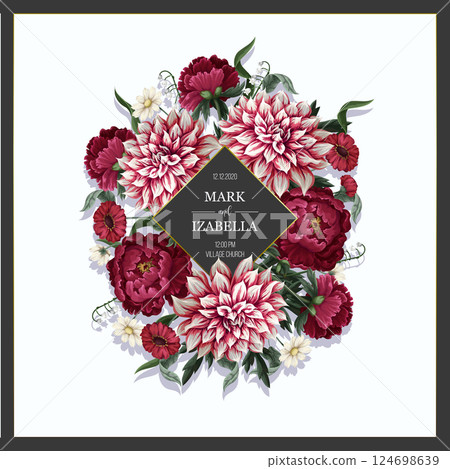 Wedding invitation with dahlia, peonies and wild flowers. Vector. Wedding invitation with dahlia, peonies and wild flowers. Vector. 124698639