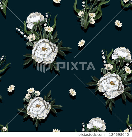 Seamless pattern with white peonies in vintage style. Vector. 124698640