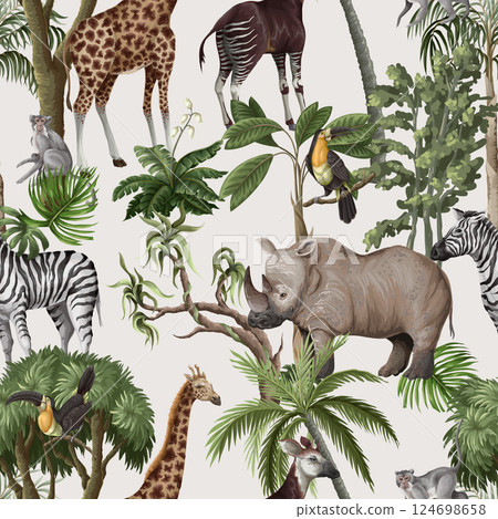 Seamless pattern with jungle animals and trees. Palm trees, giraffe, okapi, zebra etc.  Vector. 124698658
