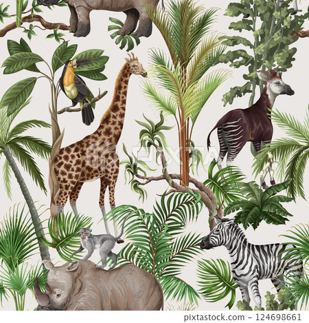 Seamless pattern with jungle animals and trees. Palm trees, giraffe, okapi, zebra etc. Vector. Seamless pattern with jungle animals and trees. Palm trees, giraffe, okapi, zebra etc. Vector. 124698661