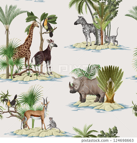 Seamless pattern with jungle animals and trees. Palm trees, giraffe, okapi, zebra etc.  Vector. 124698663