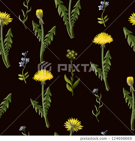 Seamless pattern with dandelion and wild flowers. 124698669