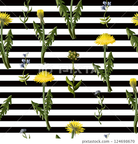 Seamless pattern with dandelion and wild flowers. 124698670