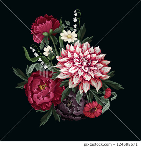Bouquets with dahlia, peonies and wild flowers. Vector. 124698671