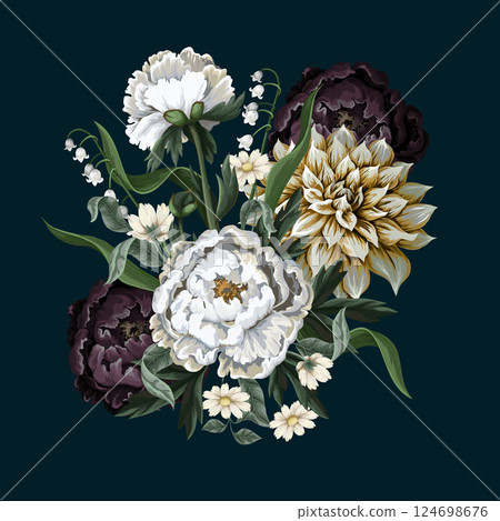 Bouquets with dahlia and peony in vintage style. Vector. 124698676
