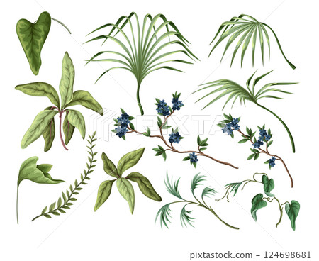 Exotic trees, leaves and flowers isolated. Vector. 124698681