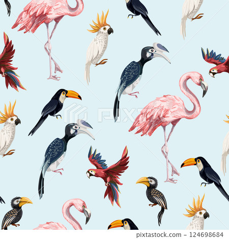 Seamless pattern with junngle bird such as flamingo, parrot, toucan. Vector. 124698684