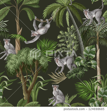 Seamless pattern with monkeys and jungle trees. Vector. 124698685