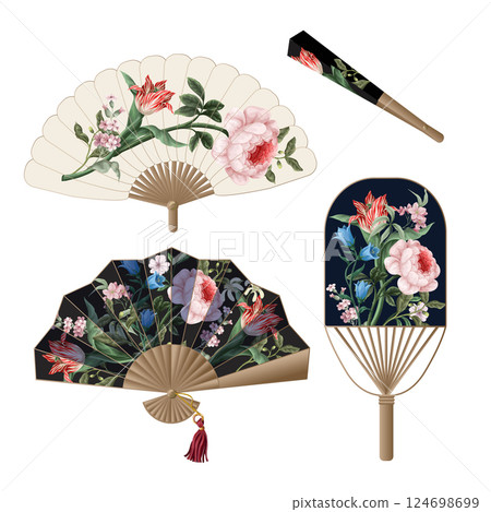 Fans with vintage Victorian flowers. Vector. 124698699