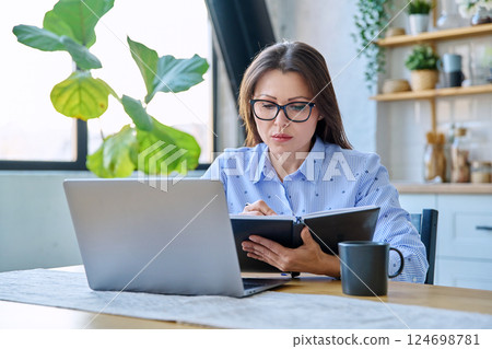 Middle-aged serious woman working at computer laptop in home office Middle-aged serious woman working at computer laptop in home office 124698781