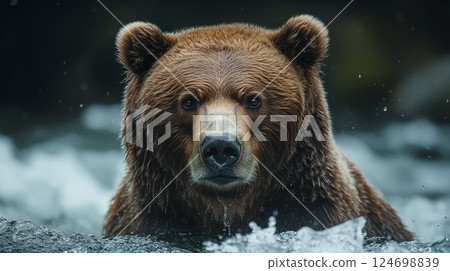 Grizzly bear portrait in rushing water, displaying intense gaze and wet fur. Concept of wildlife power and natural habitat 124698839