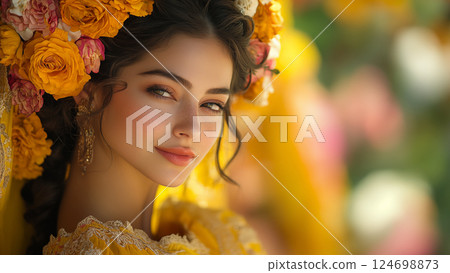Young woman adorned with floral crown gazes softly in golden light. Concept of natural beauty and femininity Young woman adorned with floral crown gazes softly in golden light. Concept of natural beauty and femininity 124698873