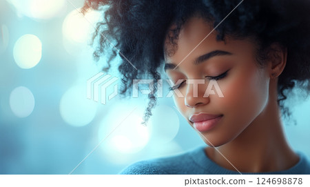 Young woman with curly hair in serene contemplation. Concept of beauty, tranquility and self-reflection Young woman with curly hair in serene contemplation. Concept of beauty, tranquility and self-reflection 124698878