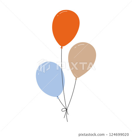 Bundle of colorful balloons with strings, floating party decoration in simple doodle style, birthday celebration icon. Flat vector illustration isolated on white background. 124699020