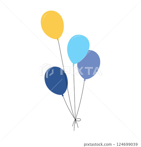 Bundle of balloons with strings, simple doodle outline, floating party decoration for birthday celebration. Flat vector illustration isolated on white background. 124699039
