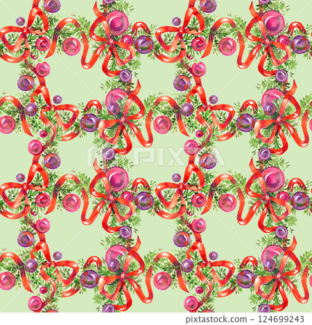 Christmas watercolor seamless pattern with pink violet red bow and ornaments, new year background 124699243