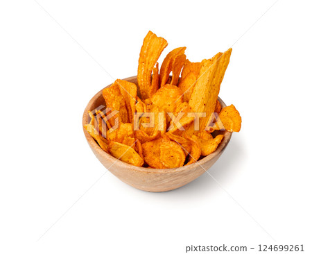 Dry carrot chips isolated, dried sliced red vegetable, healthy crispy snack flakes pile 124699261