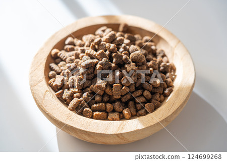 Dry pet food in sunlight, dog kibble pile, scattered puppy pellets, small canine protein croquette 124699268