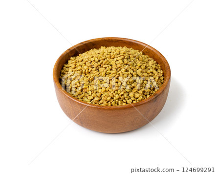 Fenugreek Seeds Isolated, Dry Trigonella, Spicy Methi Dana Grains, Indian Kitchen Seasoning Ingredient 124699291