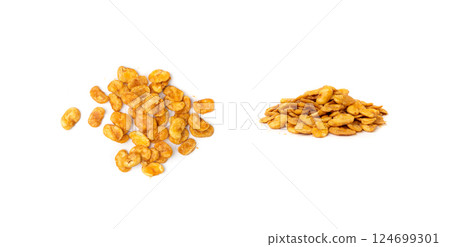 Roasted broad beans snack isolated, fried vicia faba, spicy legume, crispy big beans chips for salads Roasted broad beans snack isolated, fried vicia faba, spicy legume, crispy big beans chips for salads 124699301