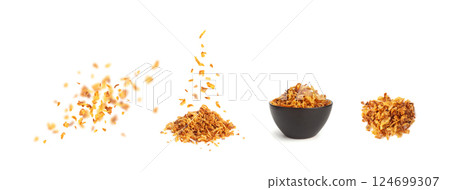 Falling Roasted Onion Isolated, Flying Dry Onion Pieces, Bulb Chips, Deep Fried Vegetable Falling Roasted Onion Isolated, Flying Dry Onion Pieces, Bulb Chips, Deep Fried Vegetable 124699307