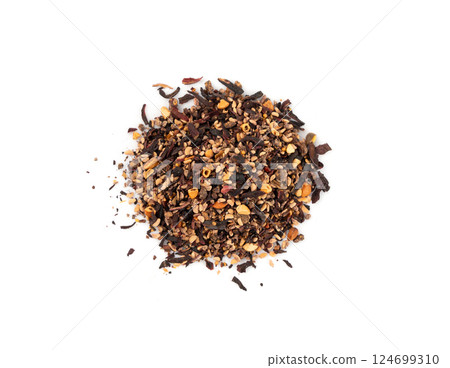 Dry black tea with hibiscus, fruits isolated. Raspberry seeds red tea, karkade flower leaves Dry black tea with hibiscus, fruits isolated. Raspberry seeds red tea, karkade flower leaves 124699310