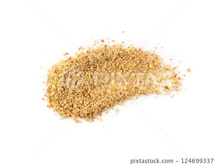 Grated wallnut , broken roasted walnuts, heap of nuts crumbs, whole kernel pieces, fractions 124699337