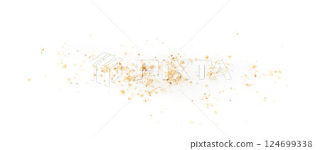 Grated wallnut , broken roasted walnuts, heap of nuts crumbs, whole kernel pieces, fractions 124699338