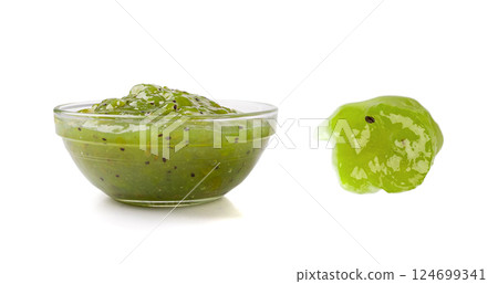 Green Jam Isolated, Sweet Kiwi Confiture in Bowl, Gooseberry Marmalade, Green Tomato Jam Green Jam Isolated, Sweet Kiwi Confiture in Bowl, Gooseberry Marmalade, Green Tomato Jam 124699341