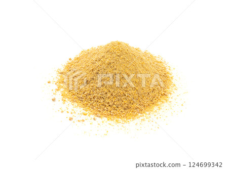 Ground fenugreek seeds, milled dry trigonella powder, spicy methi dana pounded grains Ground fenugreek seeds, milled dry trigonella powder, spicy methi dana pounded grains 124699342